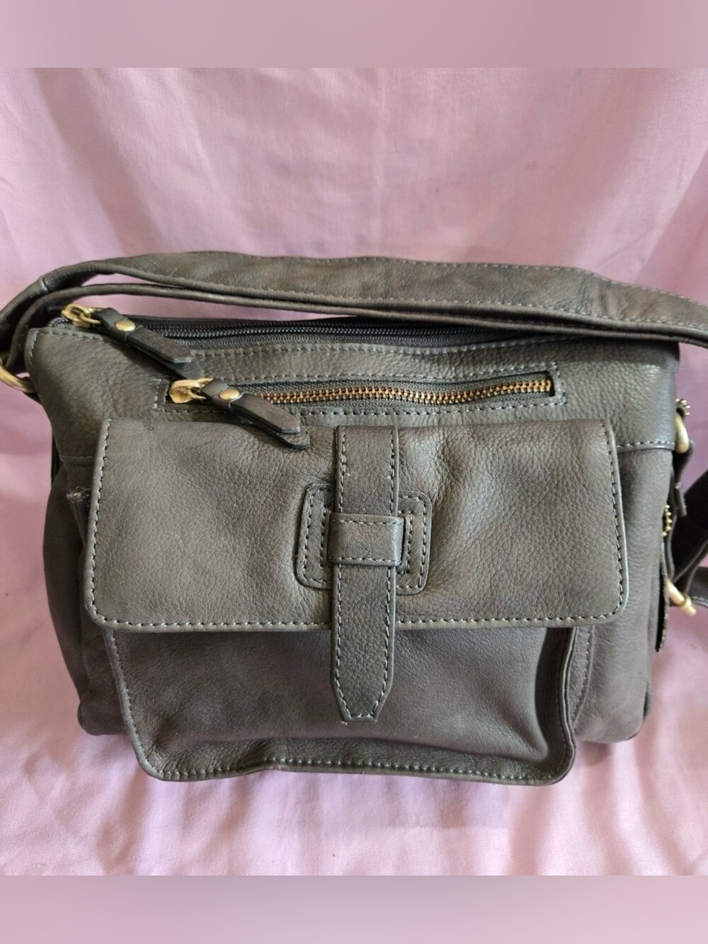 Great American Leatherworks gray leather crossbody front buckle pocket